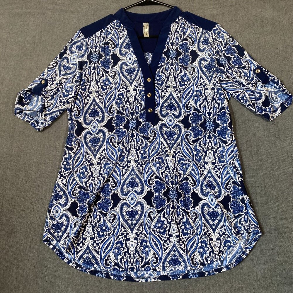 Blue Paisley V-Neck Tunic With 3/4 Sleeves PerSeption Concept Button Womens L